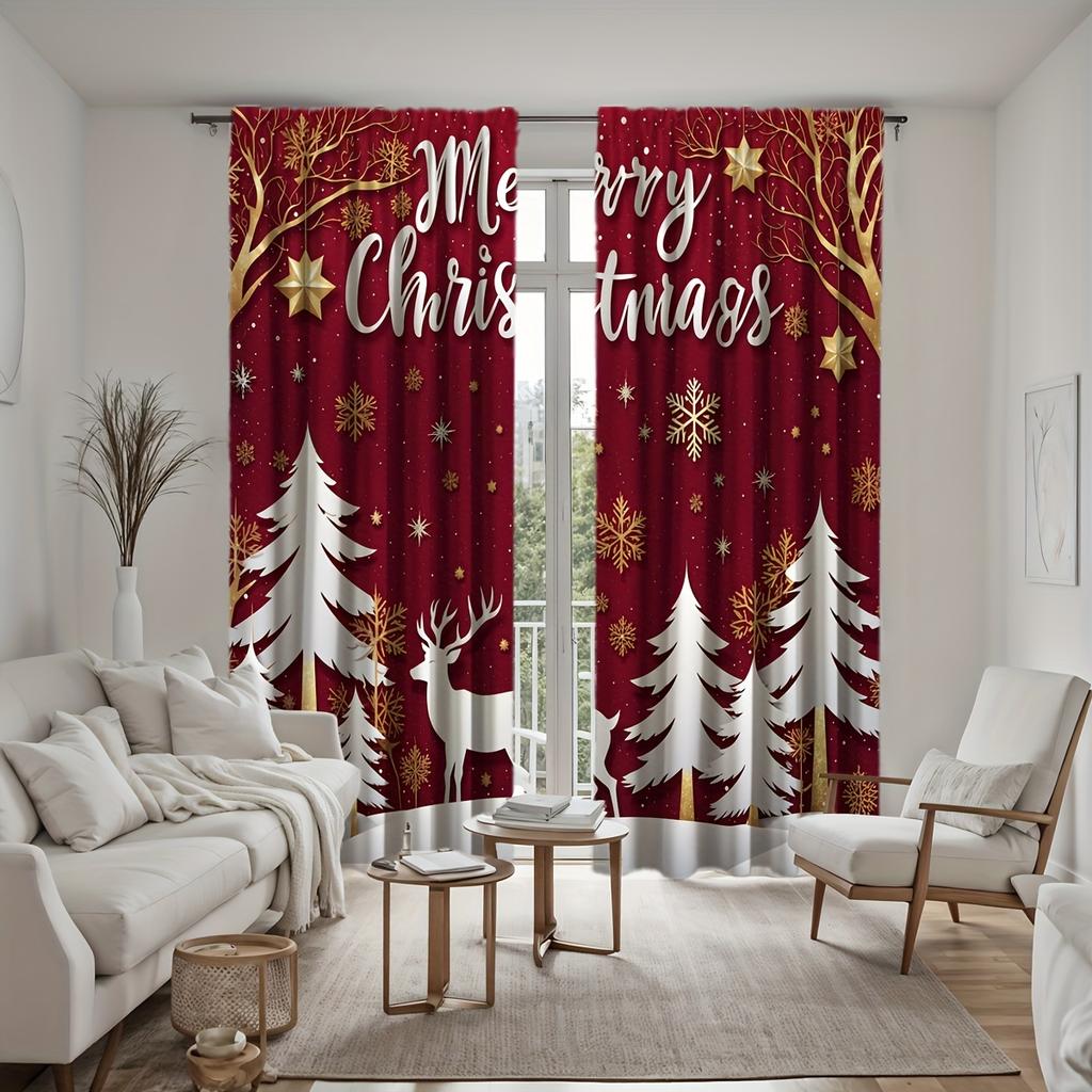 2pcs Red Christmas Ball Print Curtains Soft Microfiber Rod Pocket Design For Easy Hanging Perfect For Living Room Bedroom Study