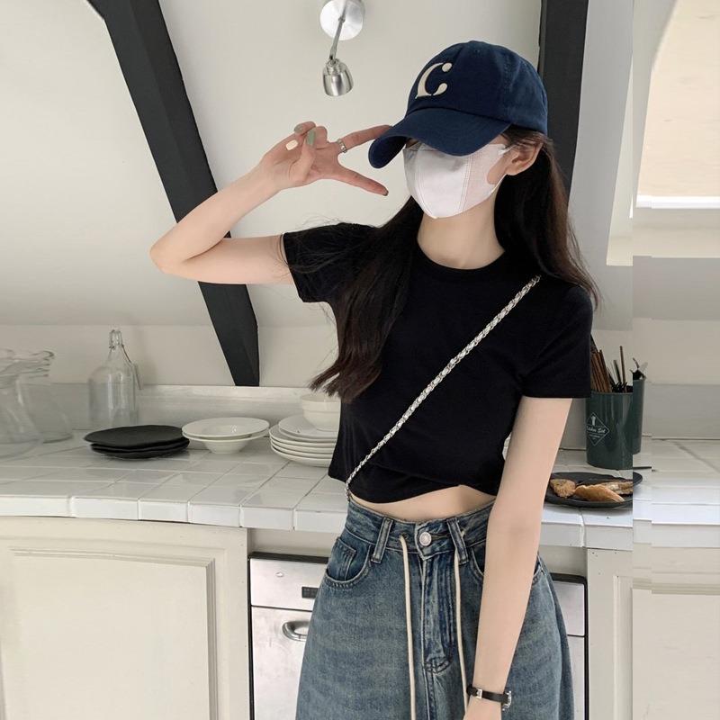 Shirt Women's Summer Short Sleeve High Waist Slim Skinny Solid Color Shoulder Short Sleeve Top Bottom Shirt
