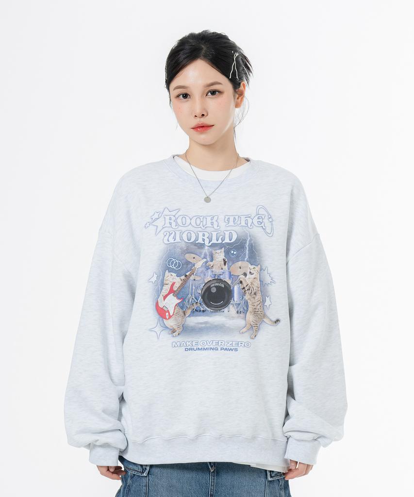 MOZMOZ Soft French Terry Rock Cat Oversized Sweatshirt White Melange