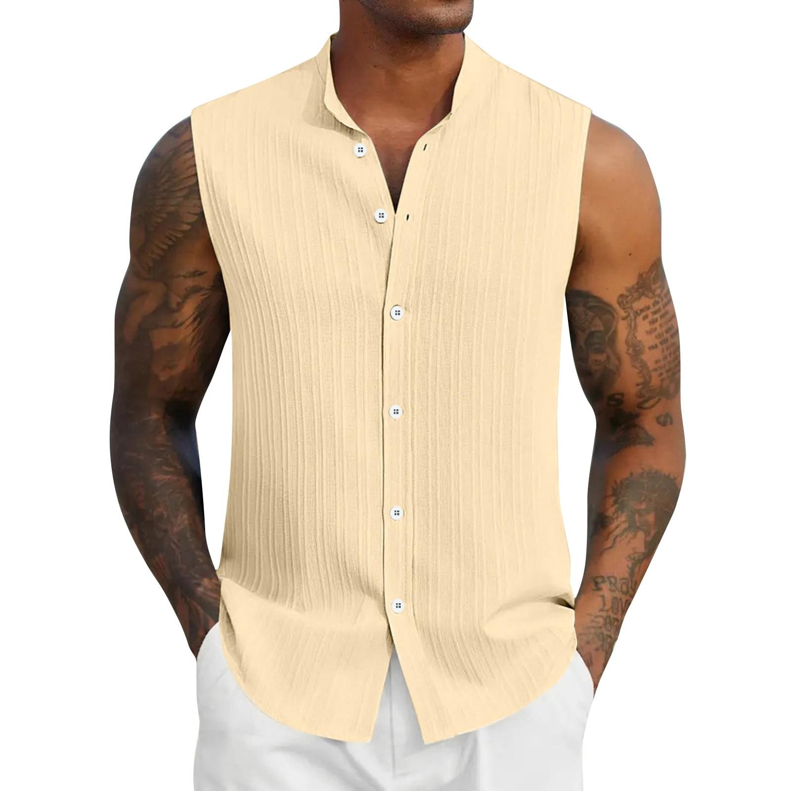 

Мужская летняя однотонная рубашка без рукавов со стойкой воротником, мужская повседневная модная рубашка без рукавов L бежевый