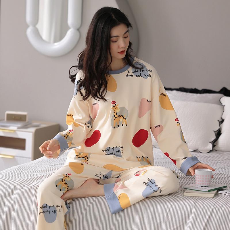 Women's Cute Simple Style Long Sleeve & Pants Imitation Cotton Pajama Set for Spring and Autumn