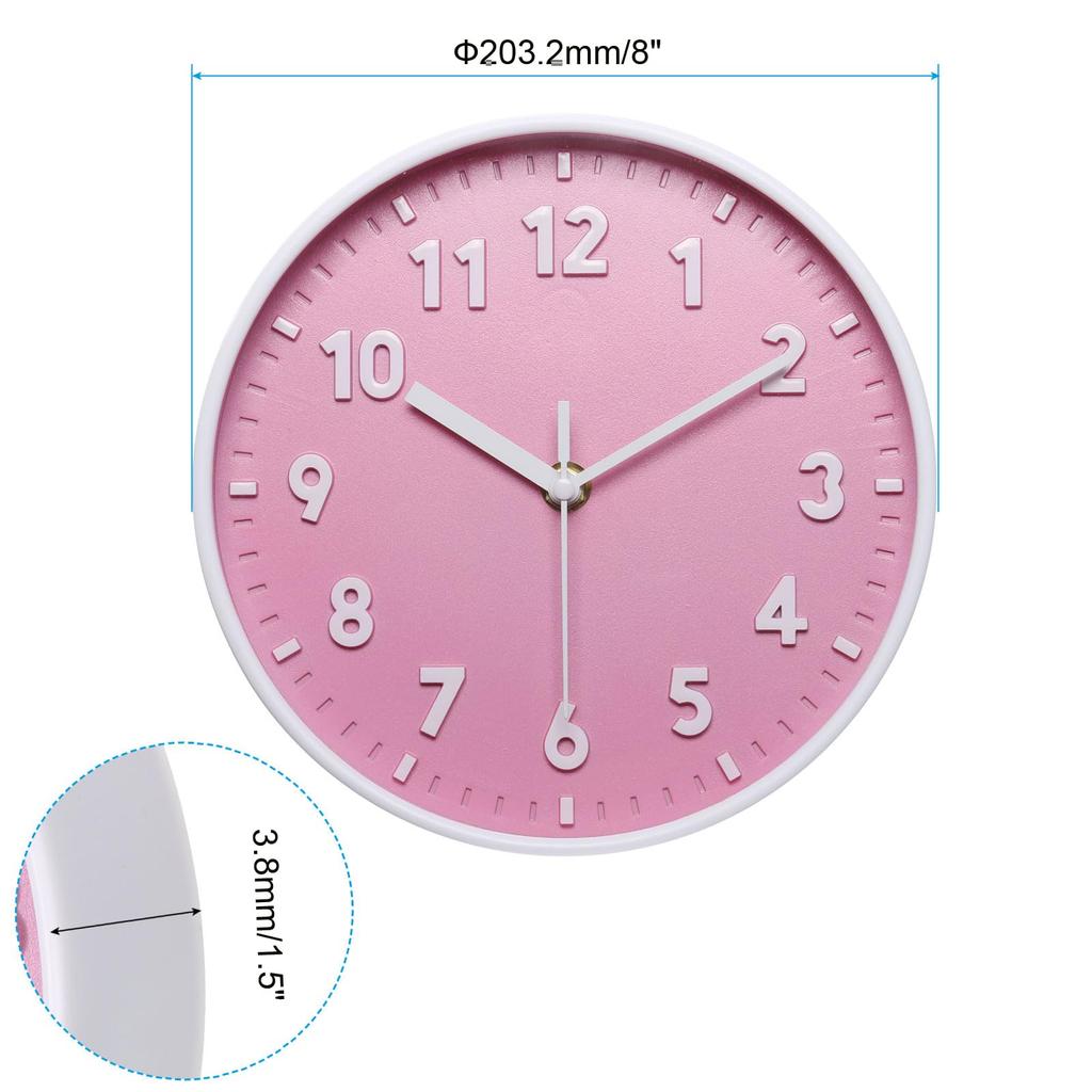 PATIKIL 20cm Wall Clock, 3D Numbers, Quartz Movement, Silent, No Tick-Clack, Round Wall Clock, for Office and Bedroom Decoration, Pink