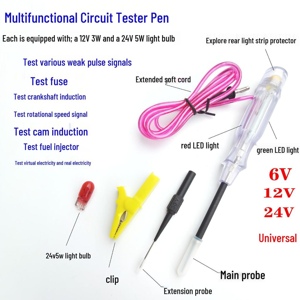 Multi-Functional 6-24V Automotive Circuit Tester Pen with Spring Wire
