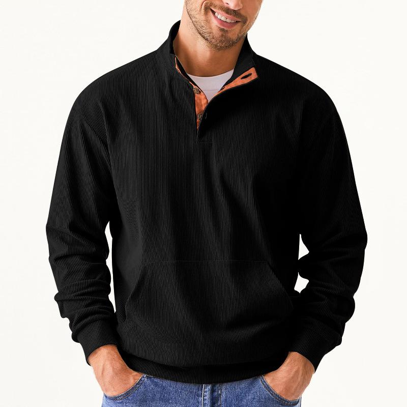 Autumn Men's Casual Stand-Collar Long-Sleeved Corduroy Sweatshirt with Pockets