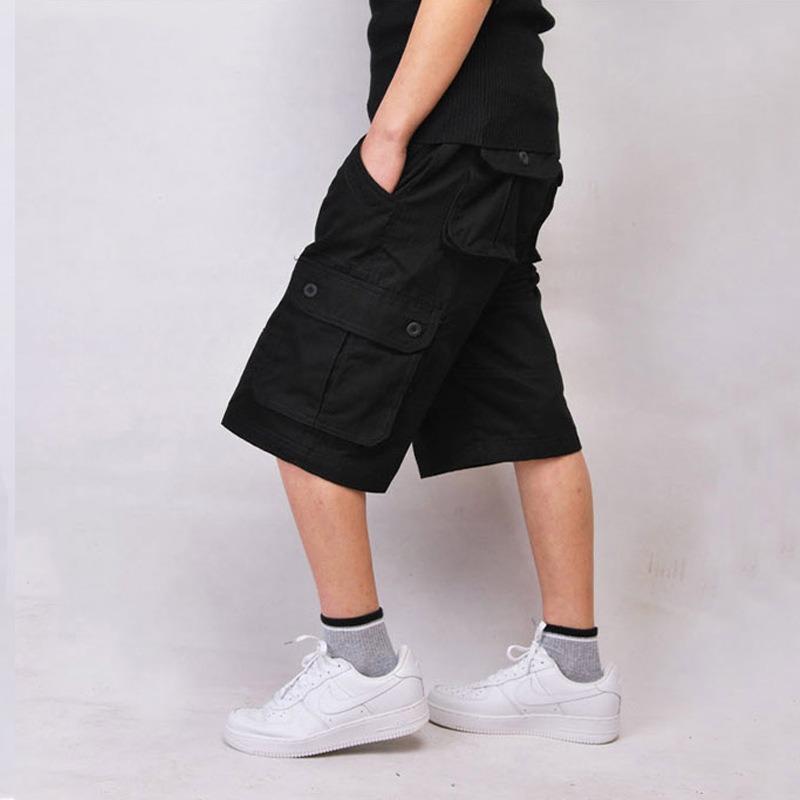 Men solid khaki multi pocket cargo knee shorts loose fit outdoor street casual walking bottoms