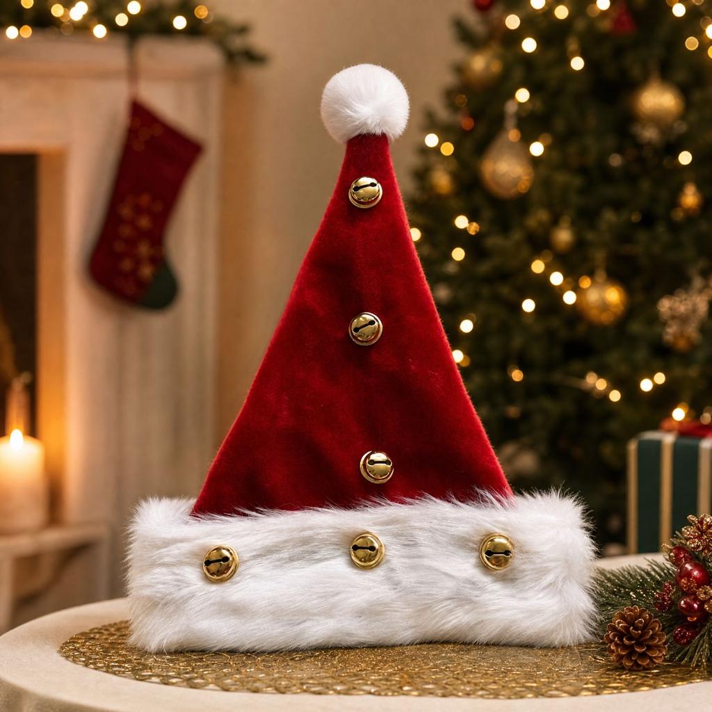 Adult Plush Christmas Hat with Bell for Family Party and Festive Holiday Decorations