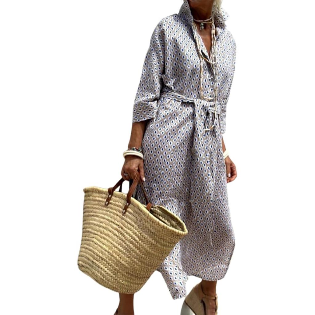 Women's Summer Shirt Dress Lapel Button Striped Waistband Long Dress Casual Side Slit Maxi Dress