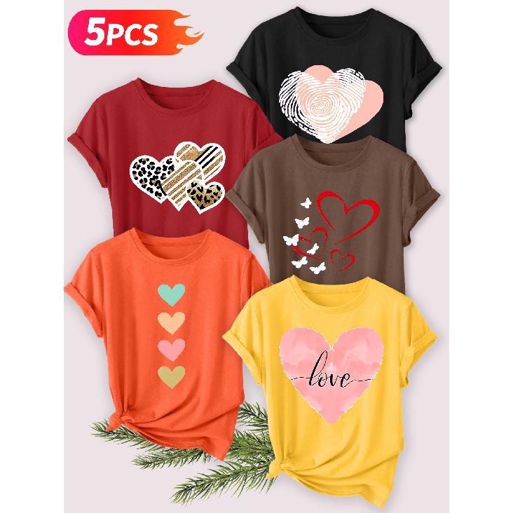 Five-piece set Elegant short-sleeved shirt for women Colorful Heart Series Printed Round Neck Women's Short Sleeve Suitable for Spring and Summer