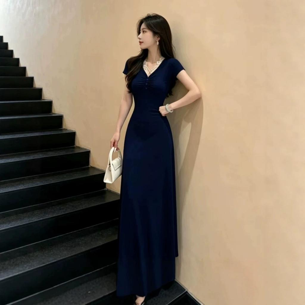 Huge Good-looking Waist Pinched French V-neck Blue Dress Children's Summer New Models Are Popular This Year, Beautiful Long Skirts