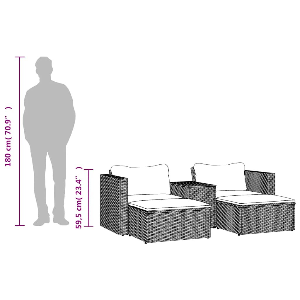 5 Piece Garden Sofa Set with Cushions Grey Poly Rattan & Acacia