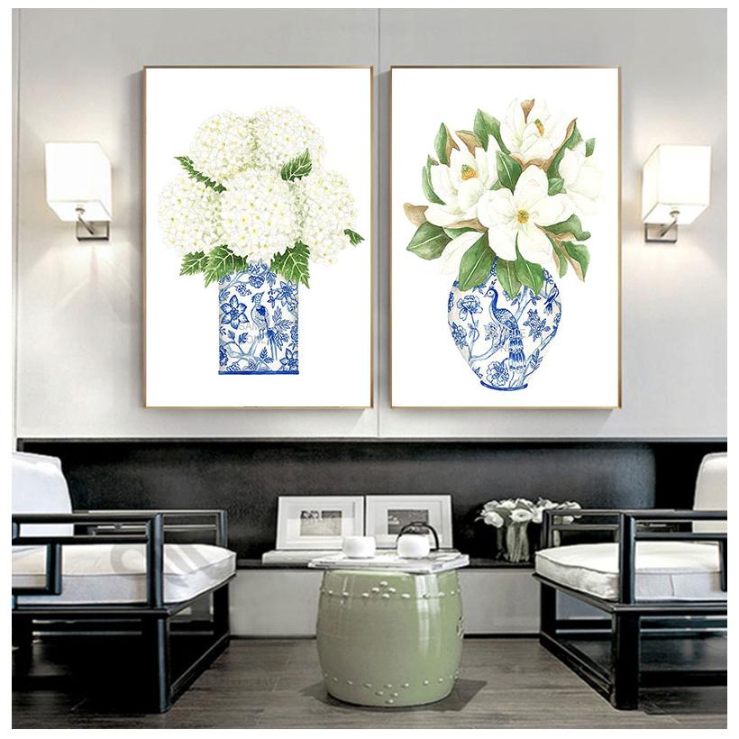 Stampe di Ortensia Magnolia Cinese Blu e Bianca Arte Chinoiserie Pittura su Tela Arte da Parete da Galleria Immagine Poster Decorazione Murale di Tendenza