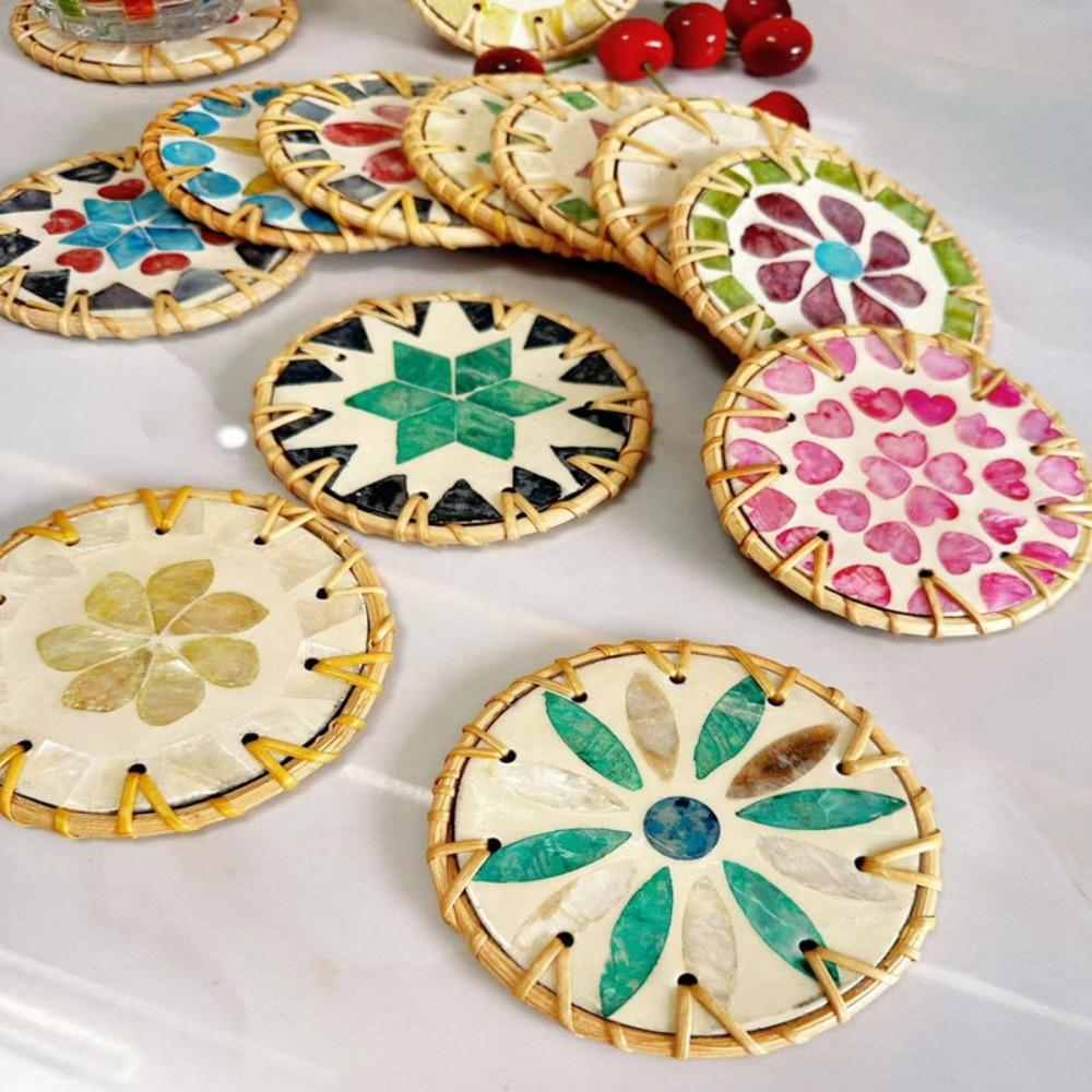 Colorful Seashell Cup Mat Round Coaster Table Decoration Rattan Shell Cup Mat  Dining Table