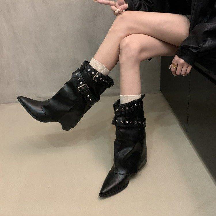 Cowhide version~ pointed retro Spice Girls Belt Buckle Pants Boots Thick Heel Temperament Short Boots Women's Skinny Western Cowboy Boots