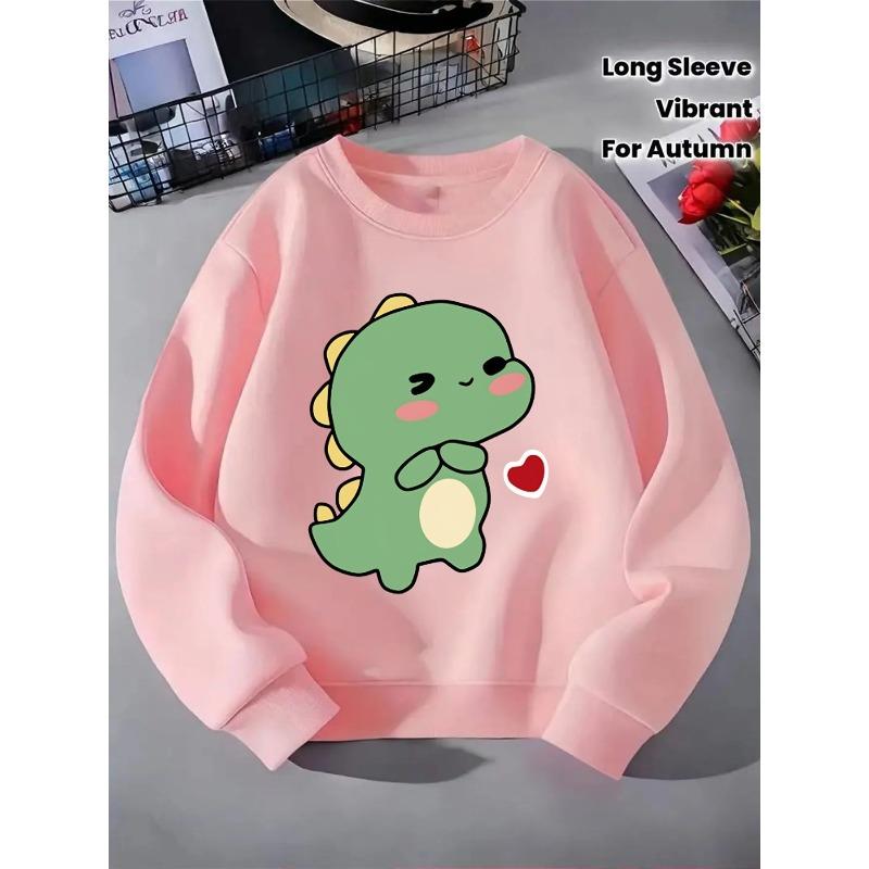 European sizes Kids' Round-Neck Hoodie - Cute Green Dinosaur with Heart , Sportswear And Casual Wear, Soft And Comfortable