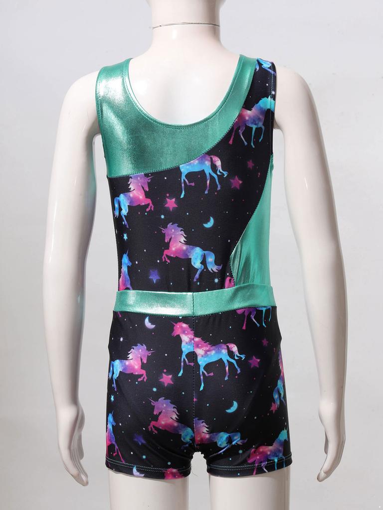 Kids Girls Gymnastics Yoga Dance Sport Sets Fancy Print Leotard and Shorts Dancewear Outfits