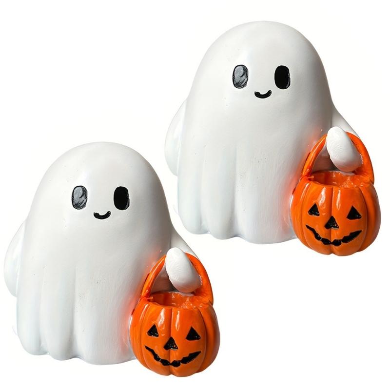 Ghostly Holding Pumpkin Bucket Resins Statue LED Nightlight Halloween Decoration For Indoor Festives Display