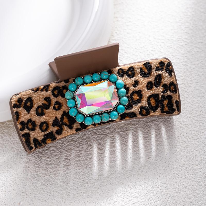 Bohemian Ethnic Style Turquoise Grab Clip Western Style Hairpin Retro Leopard Print Sequined Leather Fashion Disc Hairpin
