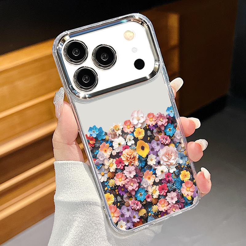 Colorful Flowers Print Case For iPhone 17 Pro Max iPhone 16 15 14 13 Pro Max 11 17e 16e Plating Lens Frame Clear Soft Silicone Back Cover
