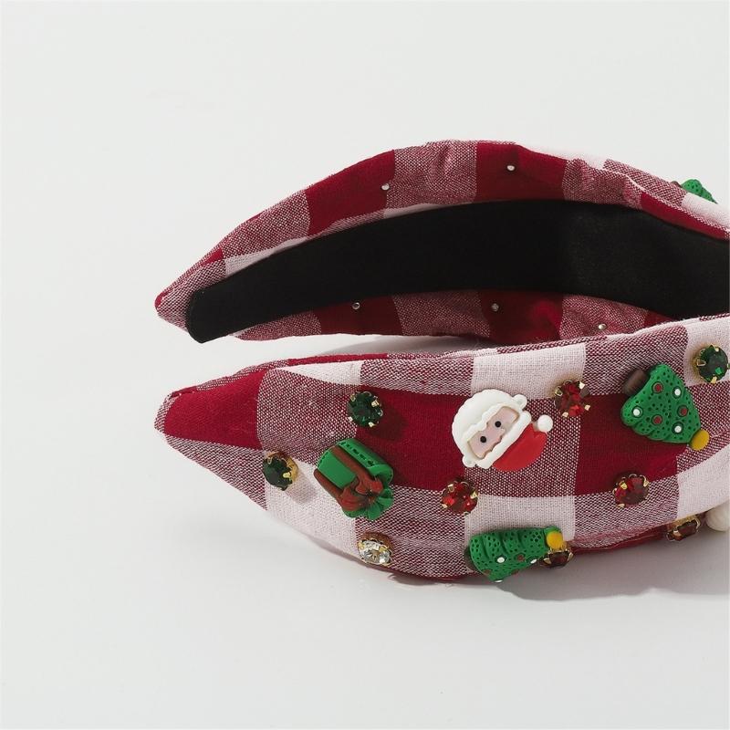 Christmas Theme Headband for Women Girl Non-Slip Knot Turban Headband Makeup Hairhoop Rhinestone Charm Plaids Hair Hoop