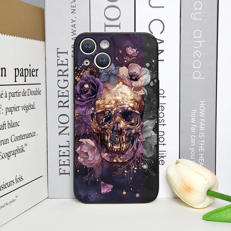 Retro Gothic Night Flower Skull Head Printed Phone Case for iPhone 17 16 12 11 14 Plus 13 14 15 Pro Max Mini X Floral Soft Cover