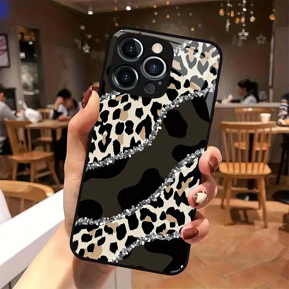 Leopard Print Splicing Pattern Tempered Glass Phone Case Suitable for iPhone 17 16 15 14 13 12 11 Pro/Max/Plus Anti Drop