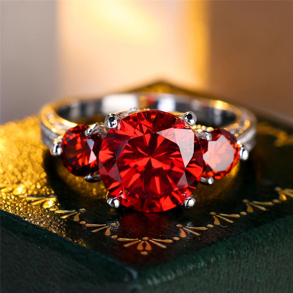 Vintage Female Red Crystal Jewelry Cute Silver Color Wedding Rings For Women Luxury Engagement Valentines Day Gift