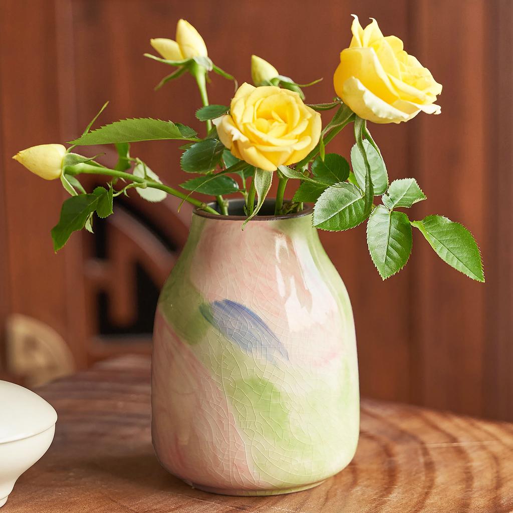 Hand Drawn Oil Painting Ceramic Vase Glazed Hydroponic Vase with Cracks American Country Style Home Interior Decoration Gift