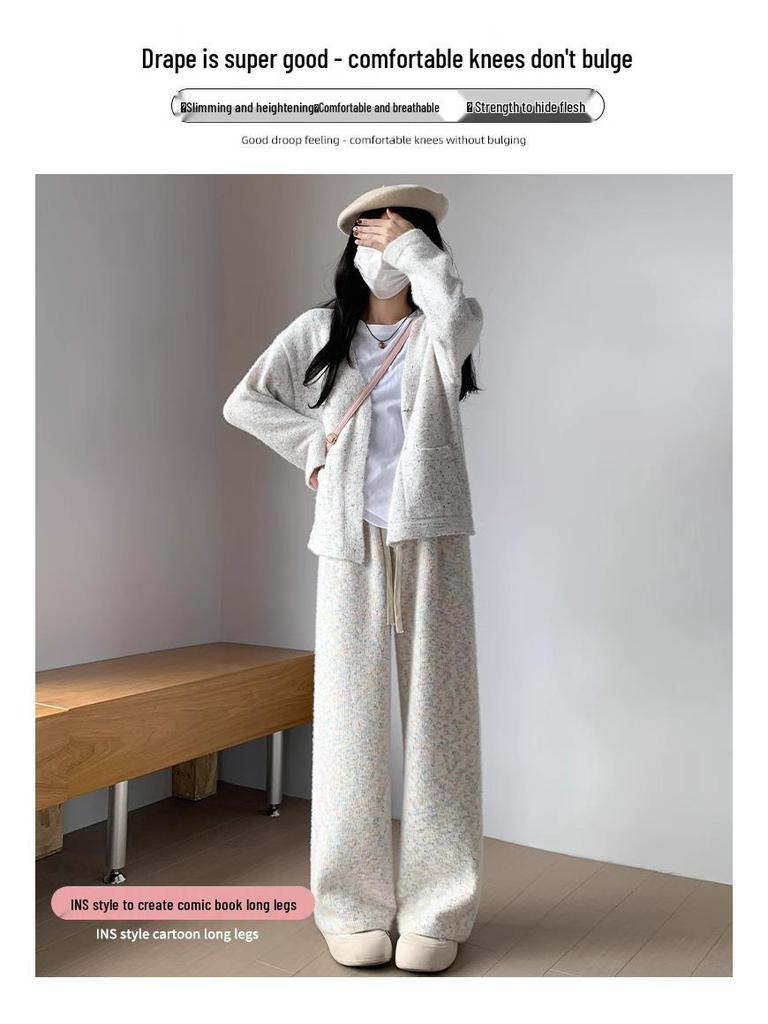 Petite Rainbow Dot Fleece-Lined High Waist Knit Wide-Leg Pants - Women's Autumn/Winter 145XS