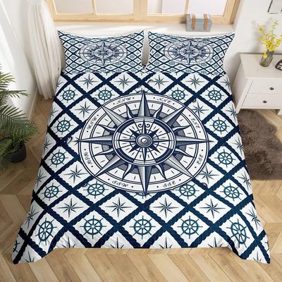 Nautical Compass Duvet Cover Queen Full,Navy Blue Geometric Grid Bedding Set Vintage Coastal Ocean Sailing Theme Comforter Cover