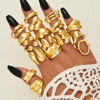 17Pcs/Set Vintage Gold Color Irregular Geometric Rings Set for Women Elegant Exaggerated Twist Metal Thick Open Ring Jewelry