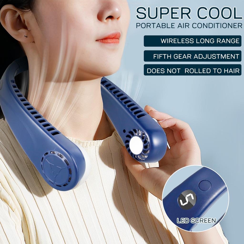 Portable Neck Fans Mini LED Digital Display Bladeless Fan 1200mAh USB Rechargeable Hands Free Cooling Fan with 5 Wind Speed