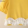 ZANZEA Women Casual V-Neck Summer Short Sleeve Splice Blouse