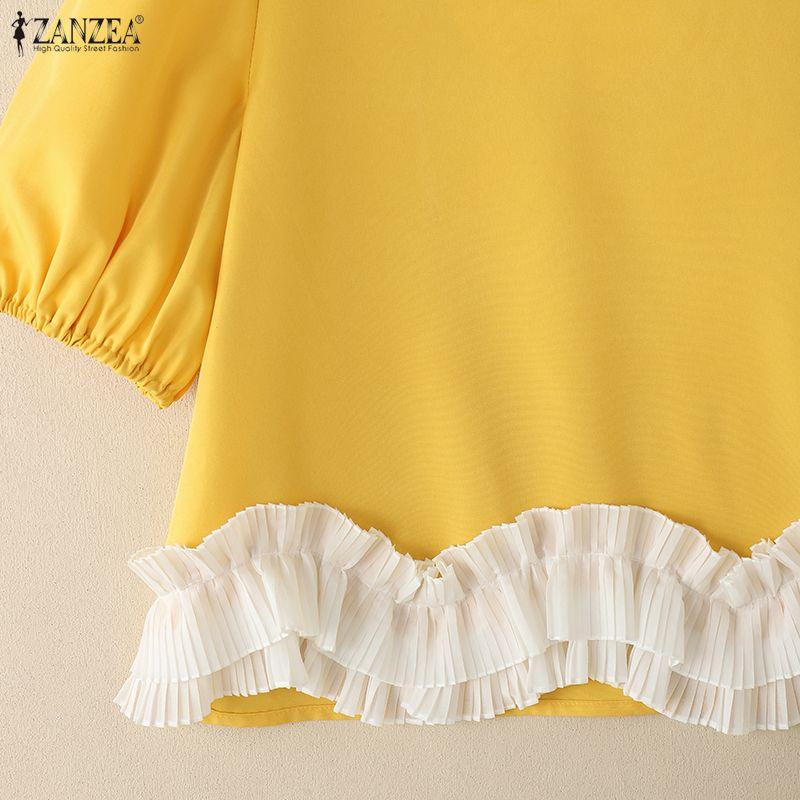 ZANZEA Women Casual V-Neck Summer Short Sleeve Splice Blouse