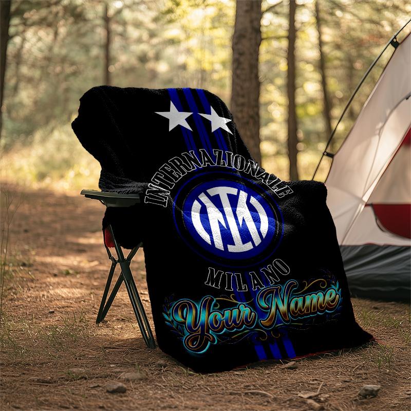 1pc Personalized Name Internazionale Milano Theme Blanket - Digital Print, Polyester, Cozy for All Seasons, Perfect for Outdoor, and Travel