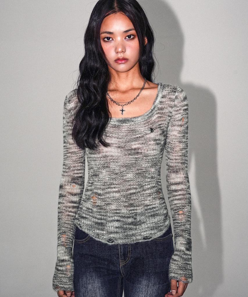 AVANDRESS Multi Damage Scoop Knit_2Colors