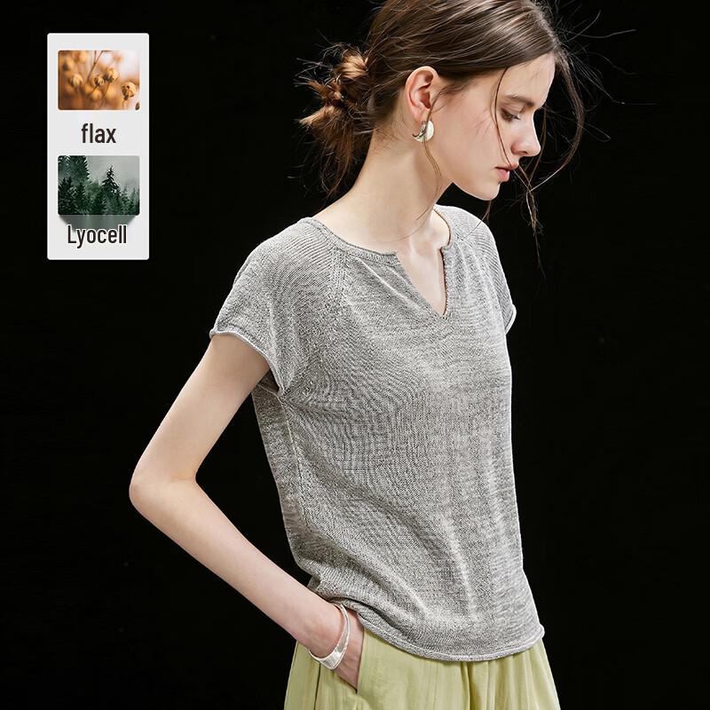 Wudao Women s Tencel Linen Knit V-Neck T-Shirt L
