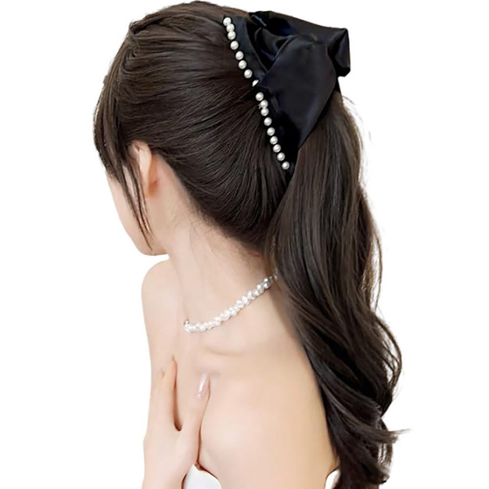 Synthetic Wig Elegant Women Pearl Black Bow Clip Curly Wig Natural Wavy Fake Ponytail Grabber Extension