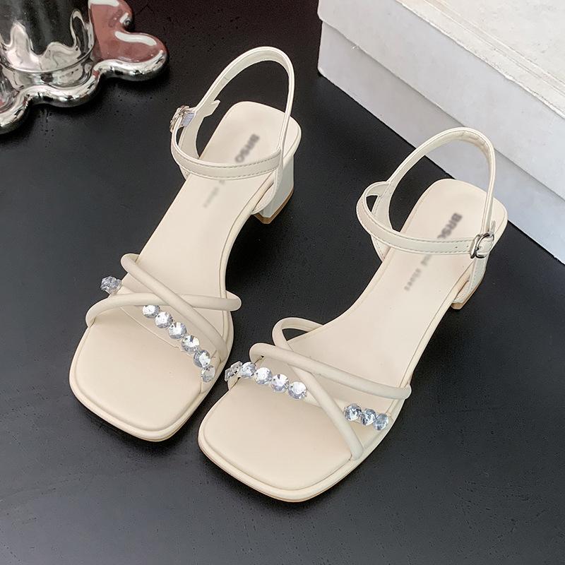 

French one-word strap high heels women s summer 2025 new versatile skirt medium heel thick heel fashion sandals high heels 40