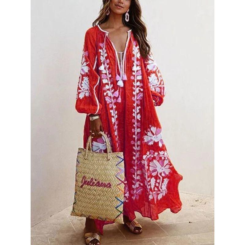 

Spring & Fall Fashion Style Slim and Sexy High Waist Fashion New V-neck Long Sleeves Print Dress Fabric Belongs to Smooth Surface Red XL