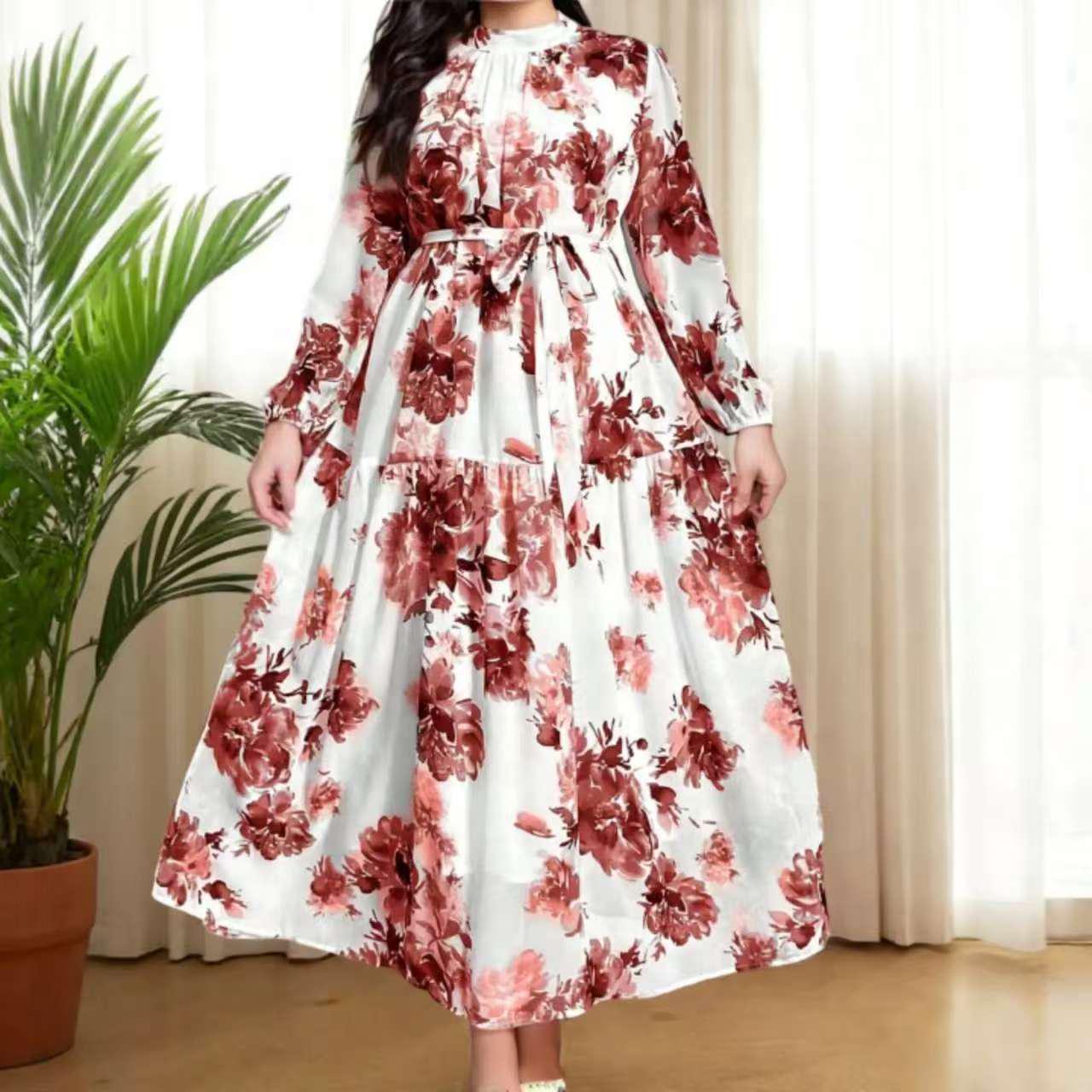 French Retro Floral Chiffon Dress with Stand Collar, Slimming Waist, Long Sleeves, and Elegant Large Hem - Women s Fashion 2025. 3XL красный