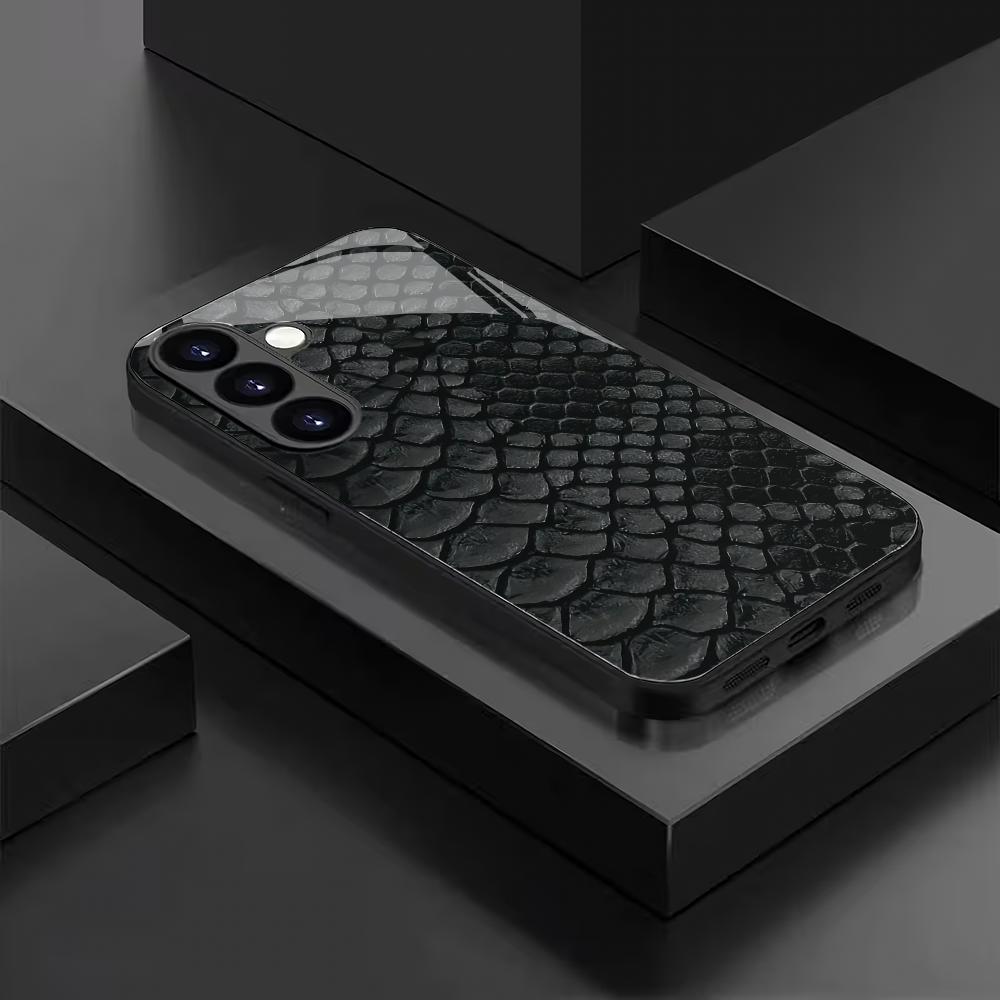 Fish Scale Texture Pattern Black Tempered Glass Phone Case for Samsung Galaxy S26 S25 S24 S23 S22 S21 S20fe/plus/ultra Anti Drop