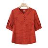 LangSha Women's Tencel Cotton Jacquard V-Neck Short Sleeve Top