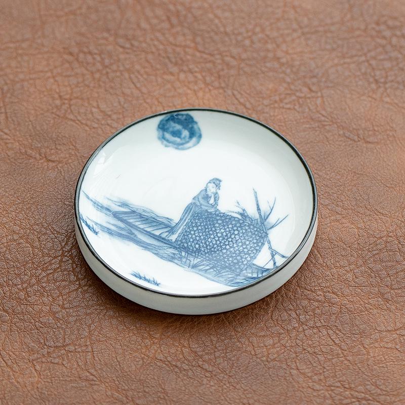 Zen Style Retro Blue & White Porcelain Tea Cup Coaster – Ceramic Anti-Scald Heat Insulation Pad for Gongfu Tea Ceremony.