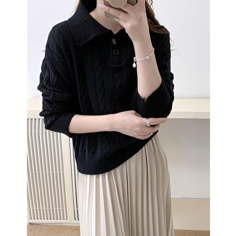 Women's Sweater POLO Collar Autumn and Winter Vintage Loose Pullover Sweater Knitted Top for Women