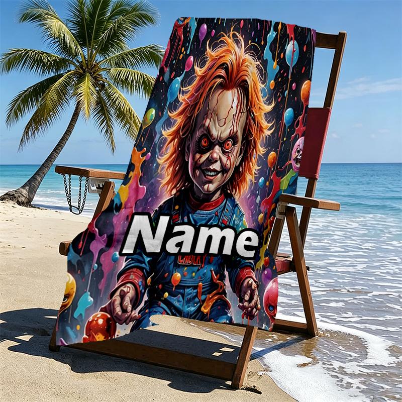 Custom Name Personalized Bride of Chucky Print Beach Towel, for Trip Camping Beach Party Home Decor, Birthday Gift for Family & Friends