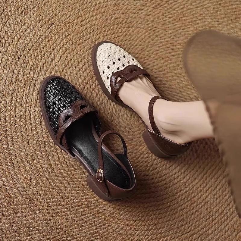 Fashion Retro Woven Cutout High Heel Baotou Sandals Summer New Round Toe Shallow Mouth Block Heel Shoes Women