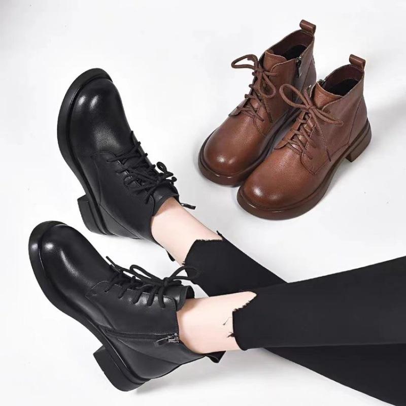 Women's Leather Chelsea Boots,Flat Sole Ankle Martin Boots with Fleece Lining for Winter,British Casual Shoes