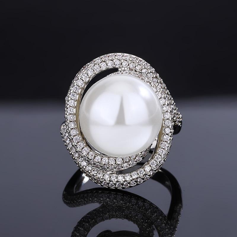 

Jewelry Copper Plated Real Gold Inlaid Pearl Lace Temperament Diamond Ring Women 14Mm