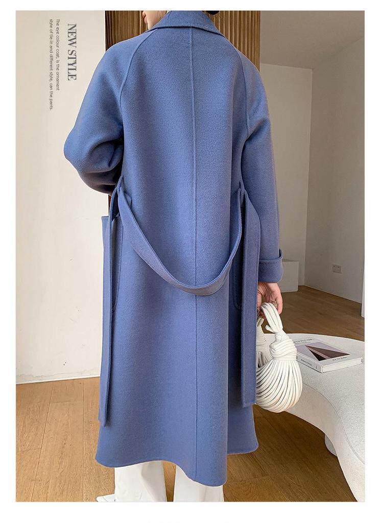 Women's Double-Sided Wool Coat: Long, Thickened, Solid Color with Belted Waist and Long Sleeves for Autumn/Winter.