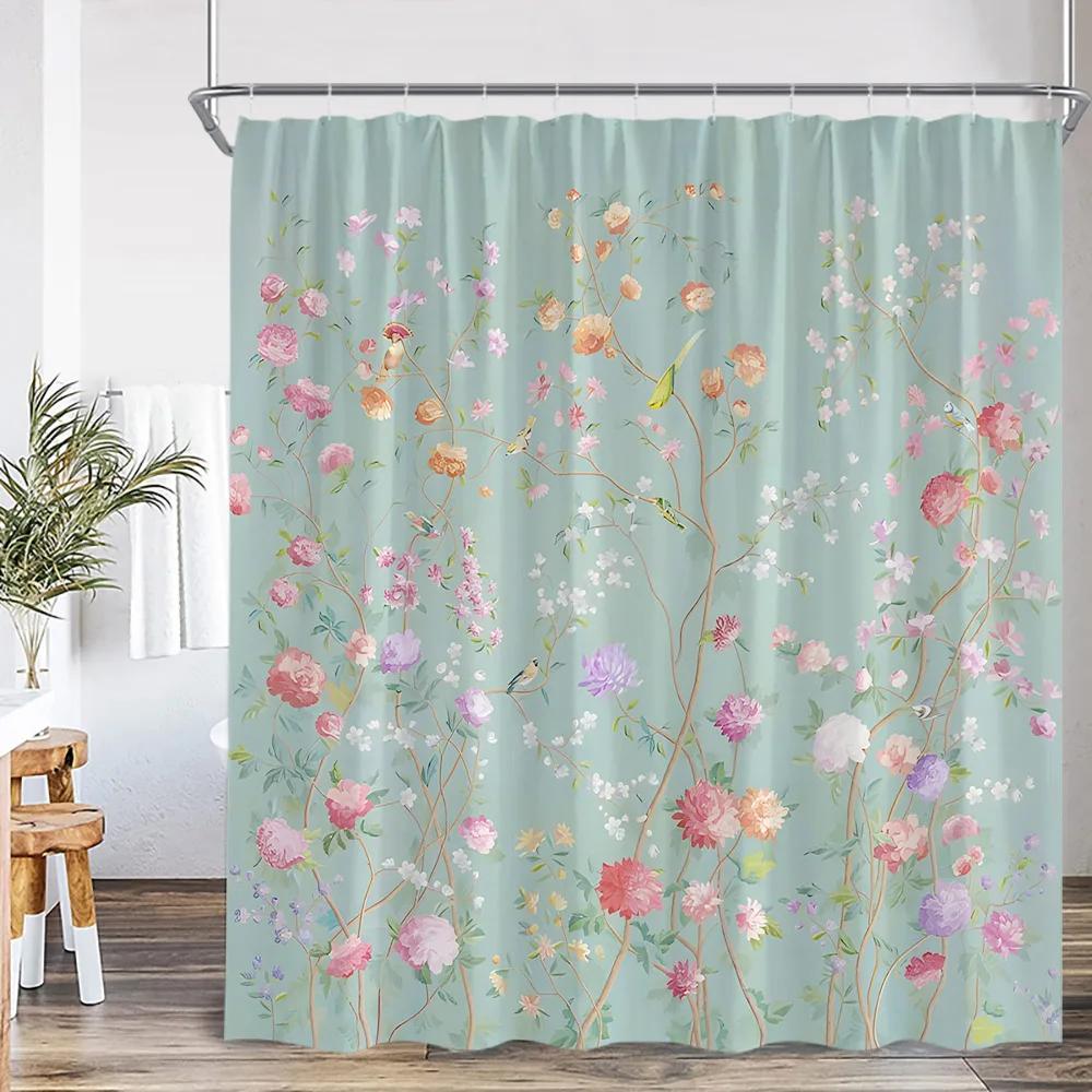 Chinese Style Shower Curtain Birds Classical Flower Tree Plant Asian Bathroom Decor Vintage Polyester Bath Curtain with Hook